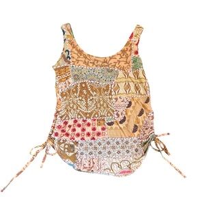 Patterson J Kincaid Patchwork Side Tie Tank Top Bohemian Sequins Embroidered S